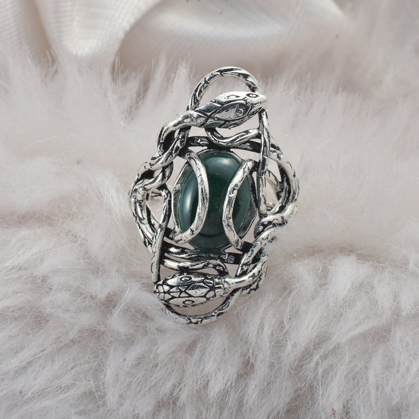 Silver Guardian Serpent Green Onyx Ring