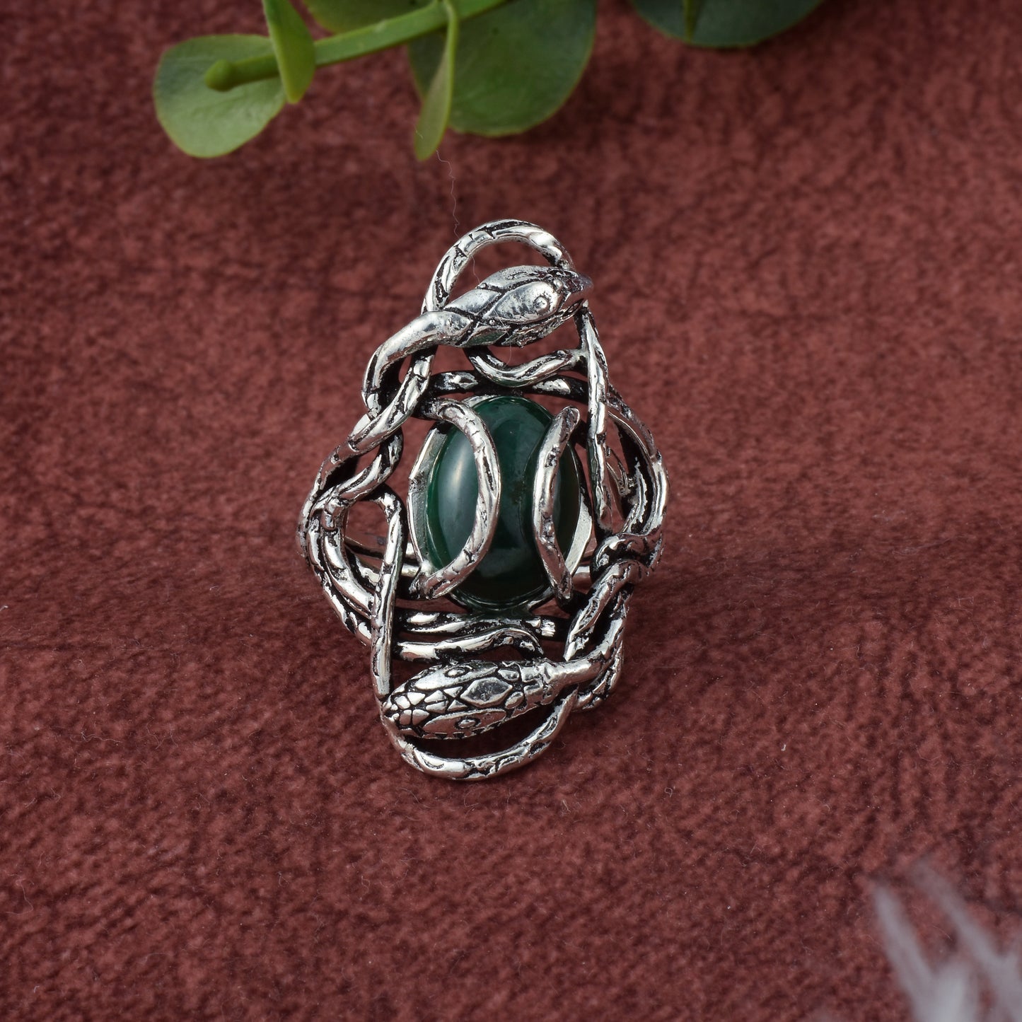 Silver Guardian Serpent Green Onyx Ring