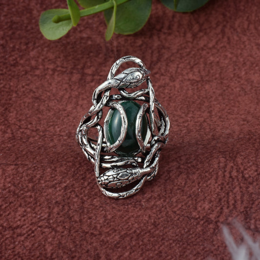 Silver Guardian Serpent Green Onyx Ring