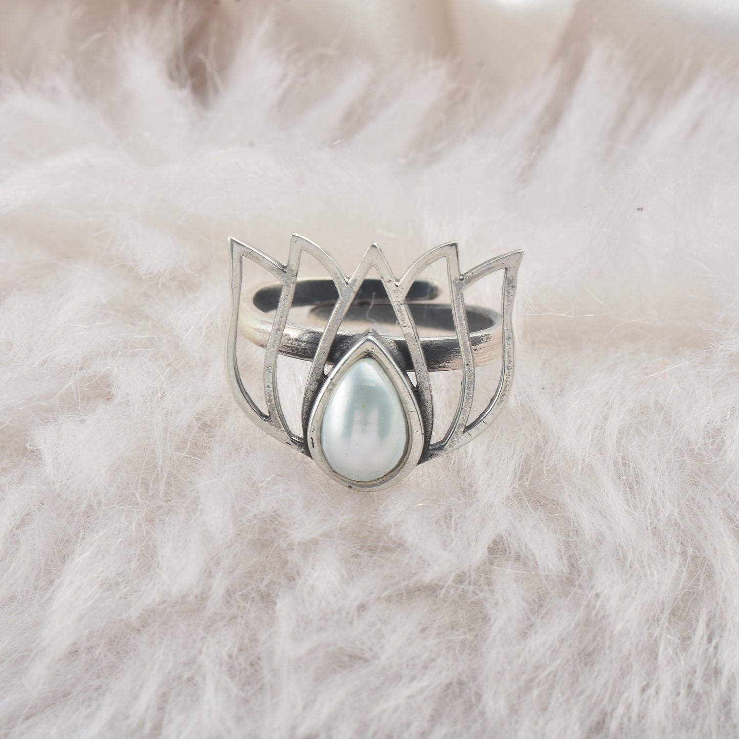 Silver Lotus Pearl Ring