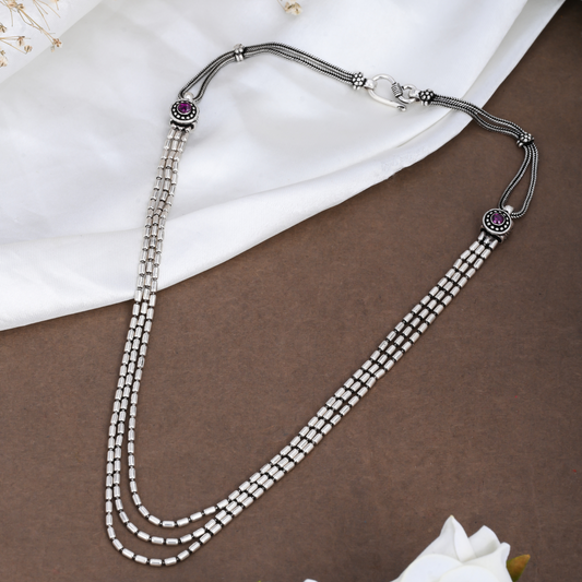 Silver Elegant Cyclinderical Beads Tri Layred Neckchain