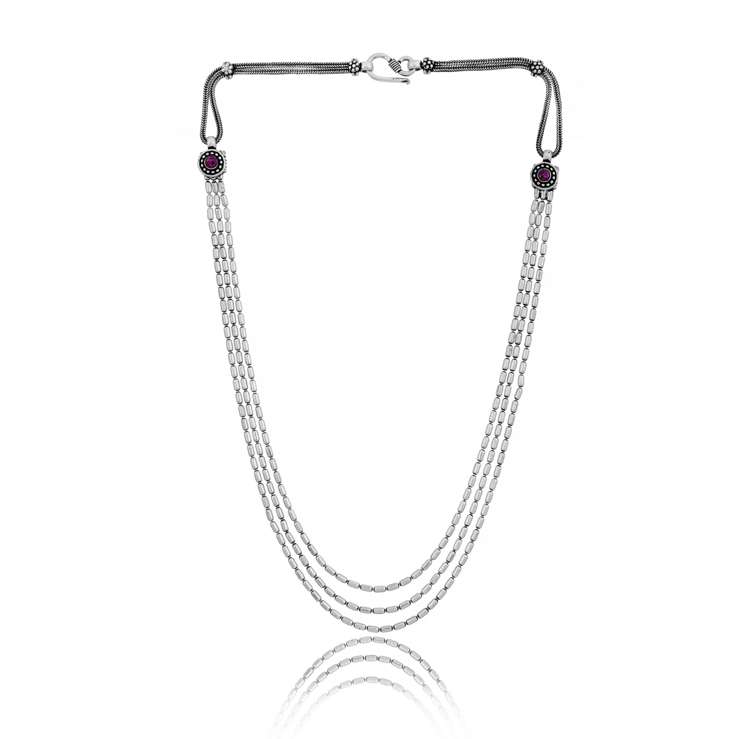 Silver Elegant Cyclinderical Beads Tri Layred Neckchain